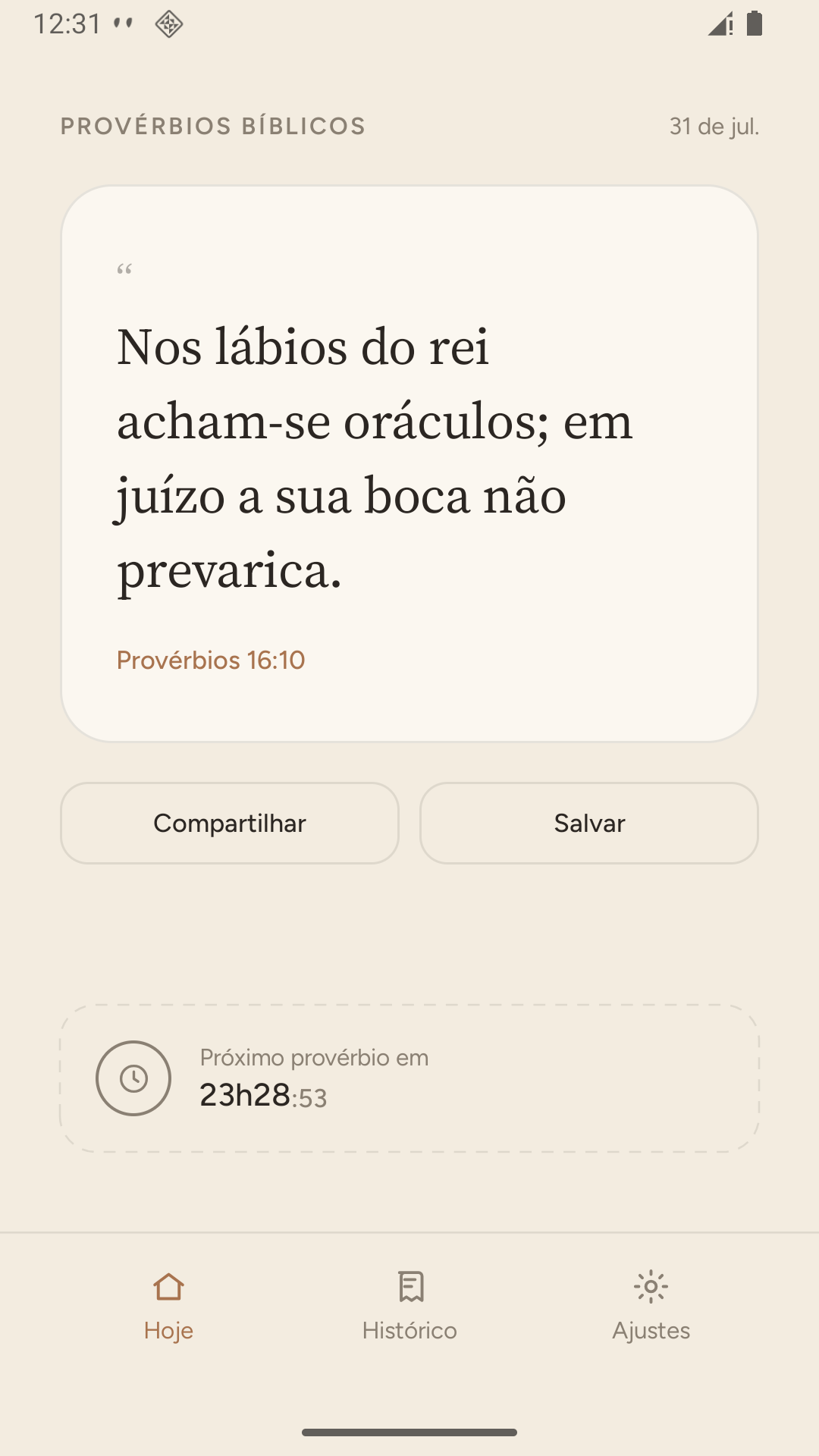 Tela do aplicativo mostrando o provérbio do dia